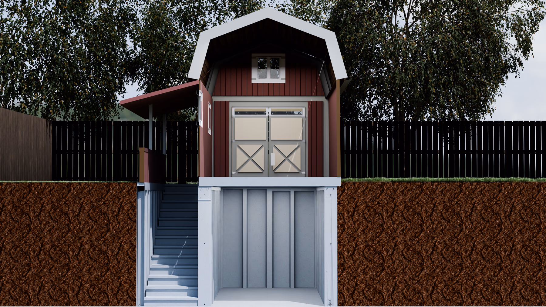 Cutaway rendering through the grade line: a gambrel-roofed utility building above ground, the precast vault below it, and a stair descending between the two.