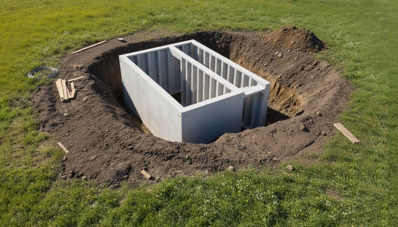 Rendering: a precast vault shell set in an open excavation, the room and the stair channel side by side, with soil banked around it.
