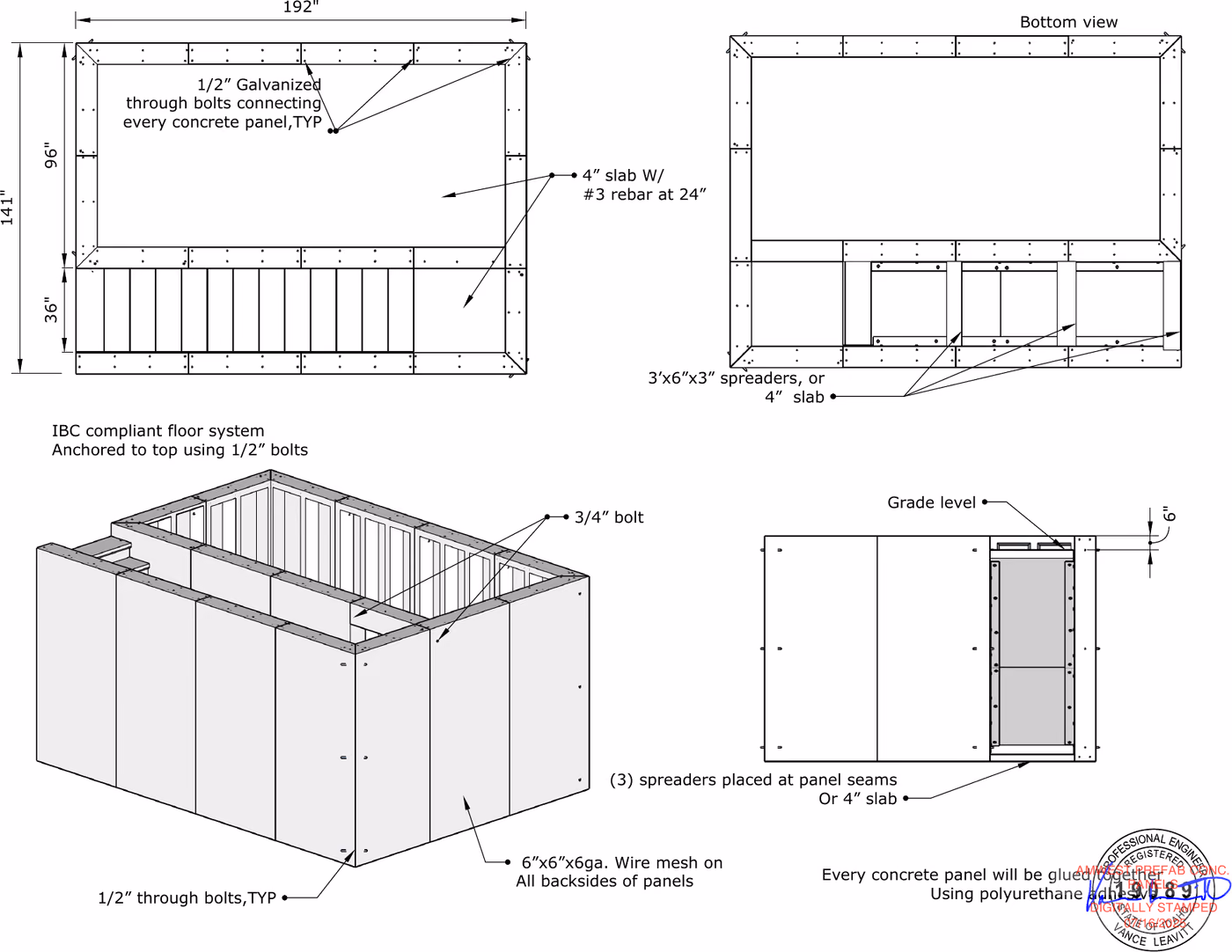 General assembly — sheet from the stamped drawing set. The whole vault: 192" × 141" overall, a 96" room beside a 36" stair band, 4" slab with #3 rebar at 24", and every panel through-bolted with 1/2" galvanized bolts.
