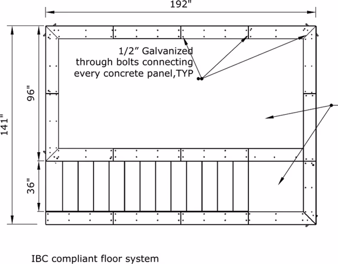 Sheet 1 of the stamped drawing set: plan and bottom views dimensioned at 192 by 141 inches, an assembly axonometric, a section at grade, and the professional engineer's seal.