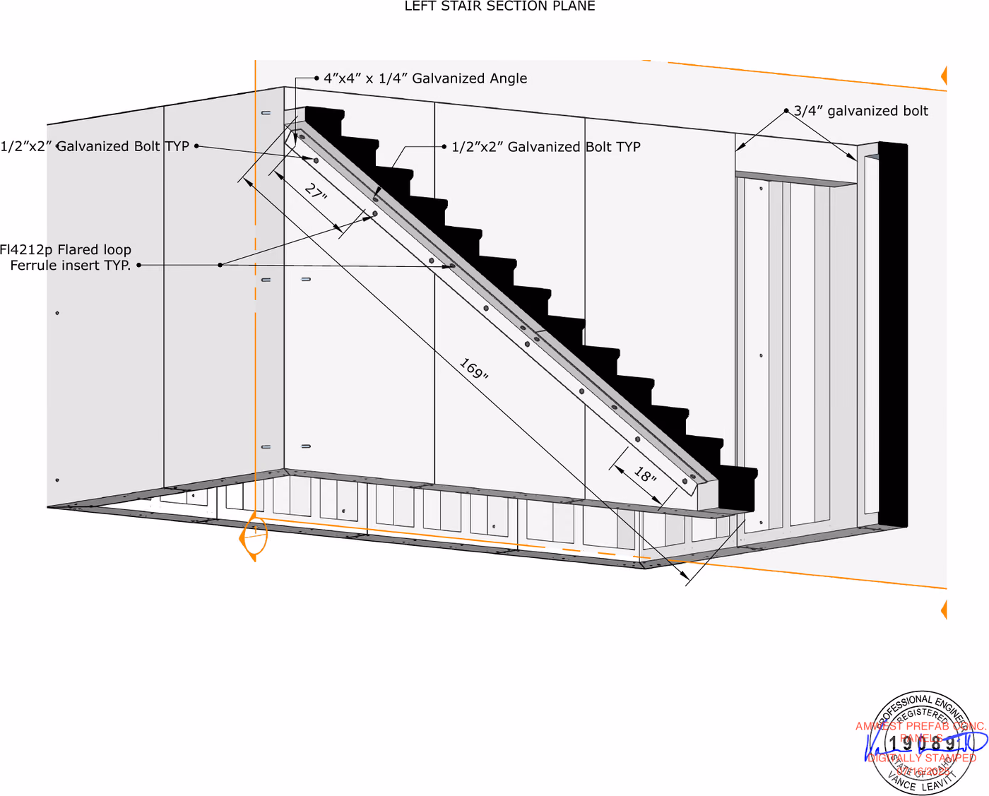 Stair section — sheet from the stamped drawing set. The descent, dimensioned at 169" along the slope — 12 ft horizontally at 11" run and 6¾" rise, on 4×4 × 1/4" galvanized angle.