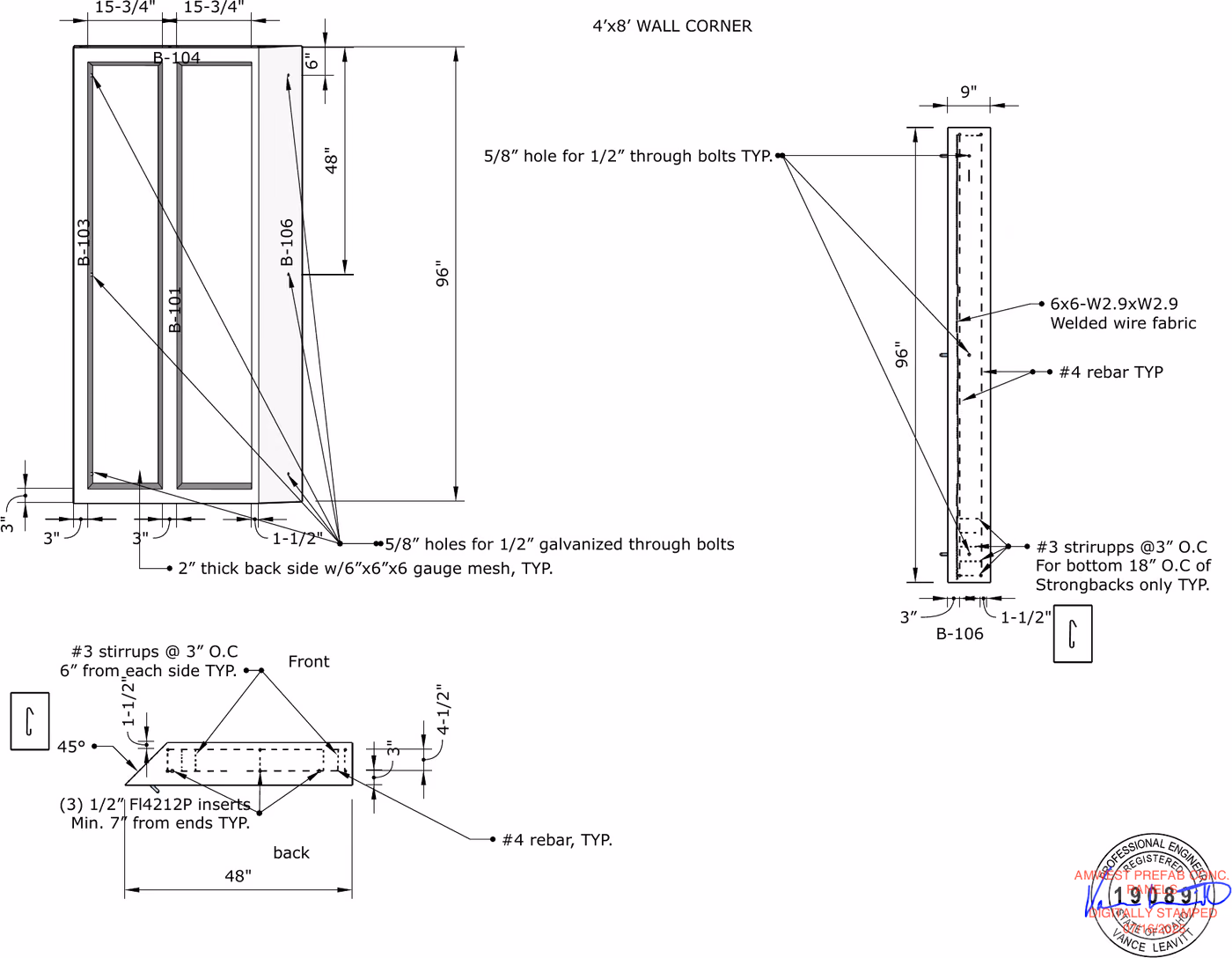 Wall corner — sheet from the stamped drawing set. How the room turns: a 45° corner with 5/8" holes for 1/2" galvanized through bolts and three FL4212P inserts for lifting.