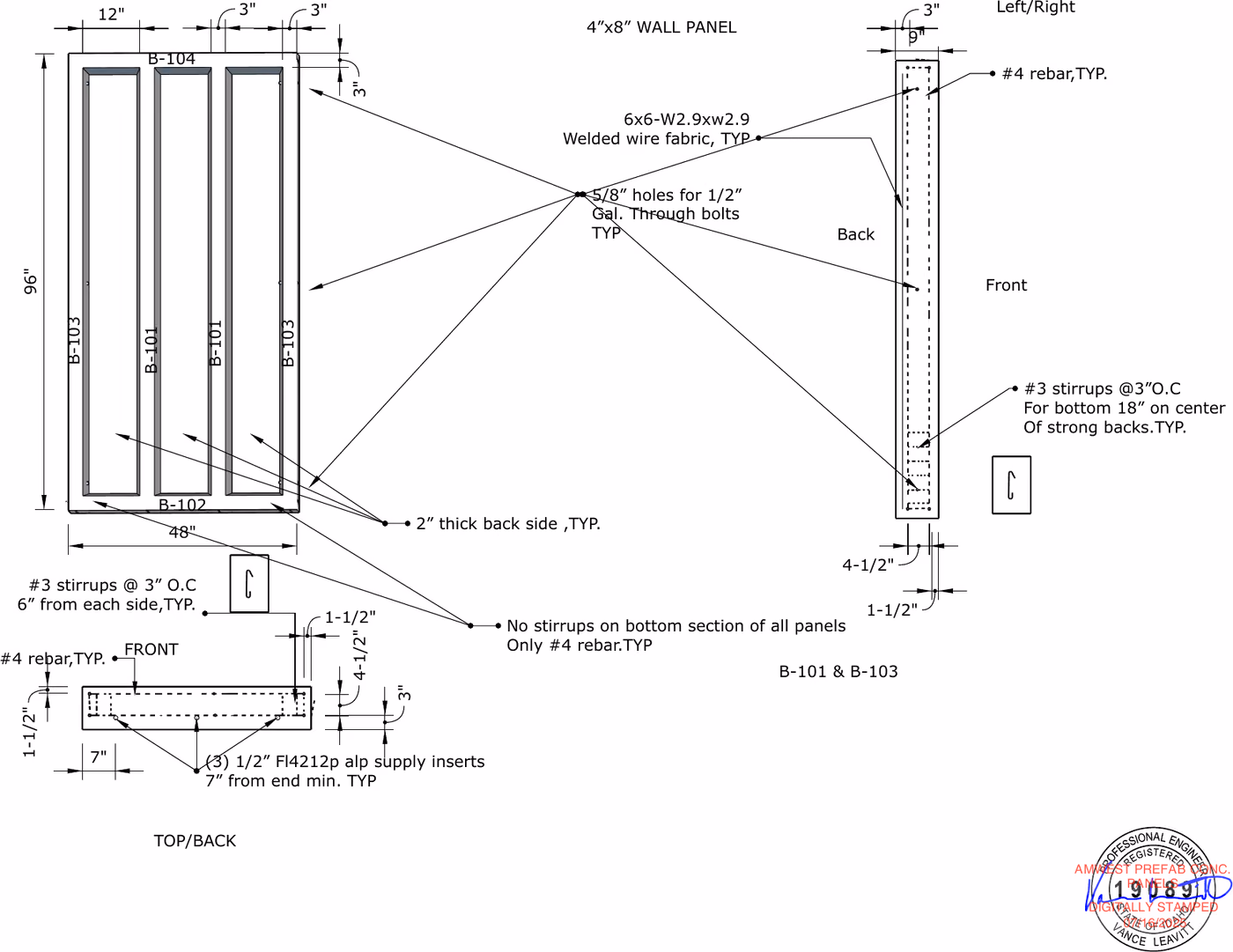 4 × 8 wall panel — sheet from the stamped drawing set. The building block. #4 rebar throughout, #3 stirrups at 3" on centre through the bottom 18", and 6×6-W2.9 welded wire fabric.